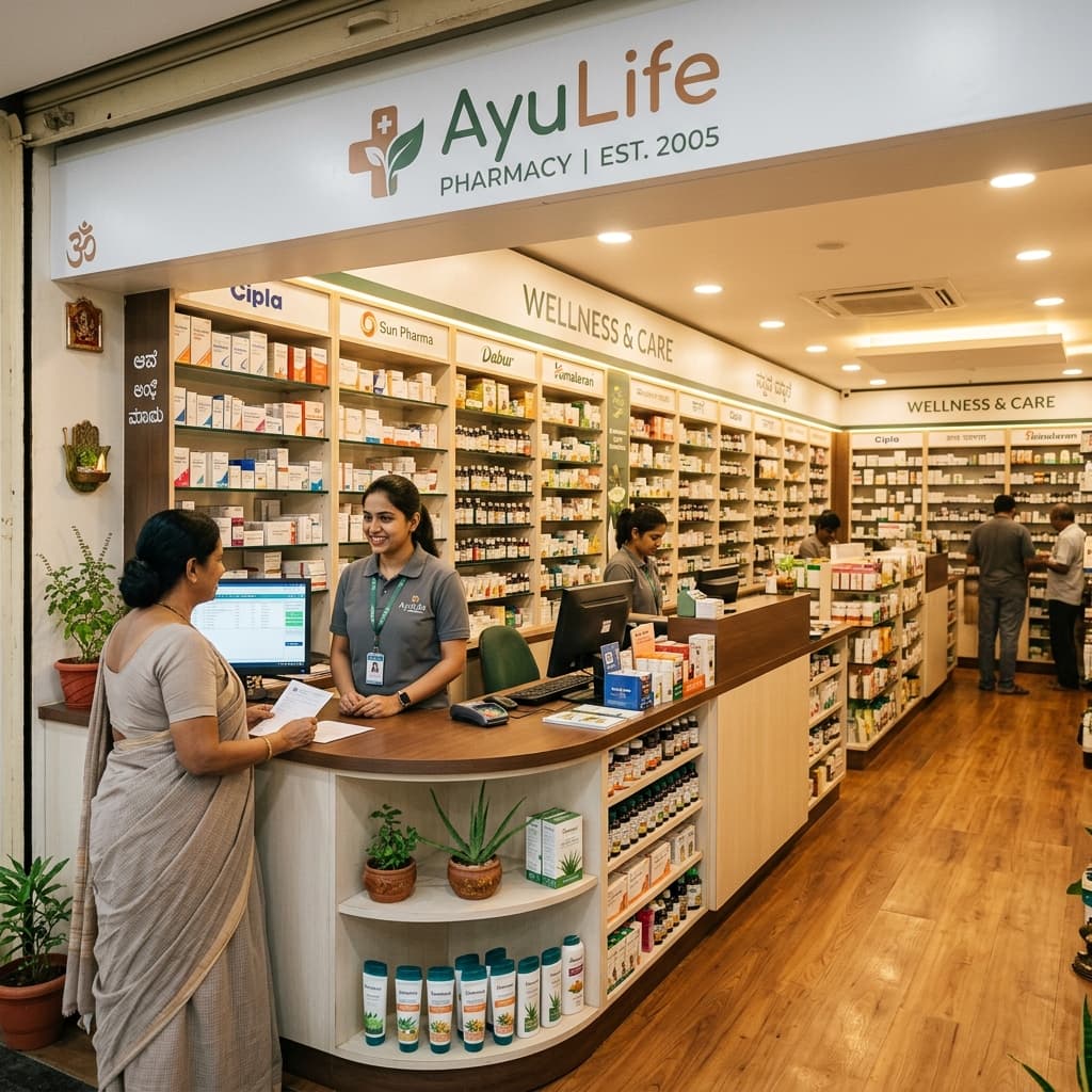 Pharmacy counter with medicine shelves